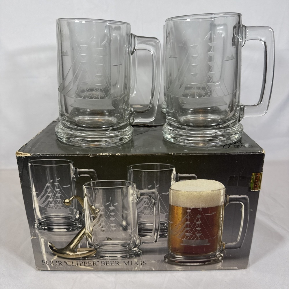 Javit Beer Stein Mugs Unisex 15oz Clear New Clipper Sailboat Cut Crystal 4pc